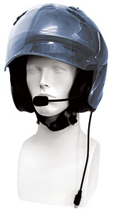 Photo of a gold flip style helmet with an installed helmet headset with microphone
