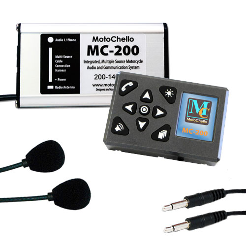 Product photo of the MotoChello MC-200 motorcycle audio system for 2-Up Riders