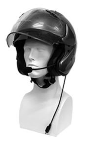 photo of open face helmet with headset installed
